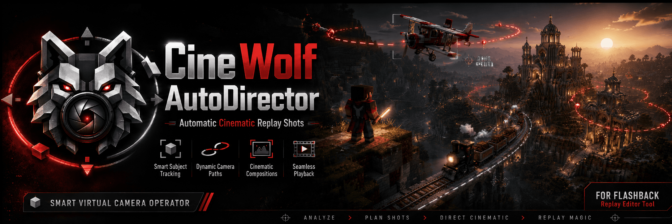 CineWolf AutoDirector camera paths over a Minecraft world